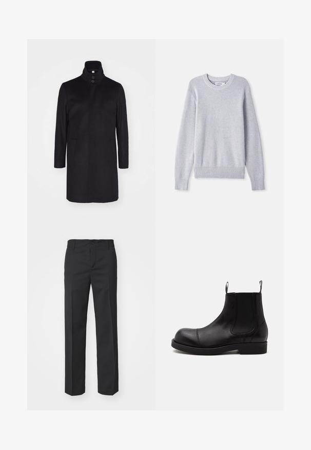 Sort uldfrakke med høj krave, to forlommer og tre-knaps lukning. Lige snit og glat struktur, minimalistisk design.; Lysegrå strikket sweater med rund halsudskæring, lange ærmer, ribbet manchetter og kant, prydet med et struktureret vævemønster hele vejen igennem.; Filippa K TROY TROUSERS - Bukser - black; Sort læder Chelsea-støvle med rund tå, elastiske sidepaneler, stropper foran og bagpå, flad sål, vist fra siden på hvid baggrund.
