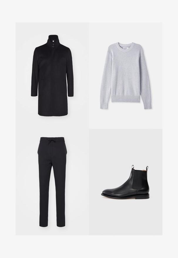 Must must coat kõrge kraega, kahe eesmise taskuga ja kolme nööbiga kinnitusega. Sirge lõige ja sile tekstuur, minimalistlik disain.; Helehall halli kudum, ümmarguse kaeluse, pikade varrukate, soonikkoes ja äärtega, millel on üle kogu pinna tekstuursete kudumiste mustrid.; Mustad, kitsad püksid, mis on valmistatud pehmest kangast. Omavad stringsit, mille saab reguleerida, ja külgtaskuid, millel on sile tekstuur.; Mustast nahast Chelsea saapad elastsete külg-paneelide, tõmblukkude ja madala kontsaga valgel taustal.