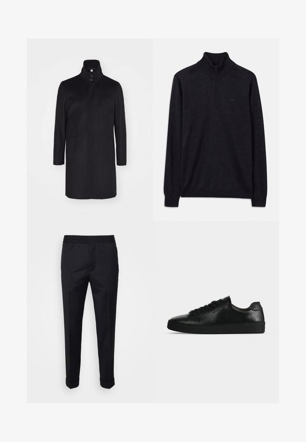Sort uldfrakke med høj krave, to forlommer og tre-knaps lukning. Lige snit og glat struktur, minimalistisk design.; Sort langærmet sweater med ribbet høj krave og halv lynlås, med et subtilt logo på venstre bryst.; Sorte bukser lavet af letvægtsstof, med elastisk talje, sidelommer og oprevne kant. Glat tekstur med frontvendinger.; Sort lavtop lædersneaker med sorte snørebånd og en tyk sort sål, vist fra siden på en lysegrå baggrund.