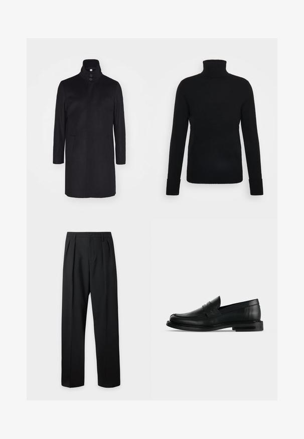 Zwarte wollen jas met een hoge kraag, twee voorklokken en een sluiting met drie knopen. Rechte snit en een gladde textuur, minimalistisch ontwerp.; FTC Cashmere ROLLNECK - Trui - moonless night; Zwarte, hoog getailleerde, op maat gemaakte broek met riemlussen, voorplooien, knoopsluiting en rechte, wijde pijpen op een lichte achtergrond.; Zwarte leren heren penny loafer met lage gestapelde hak en afgeronde neus, zijaanzicht op lichte grijze achtergrond.