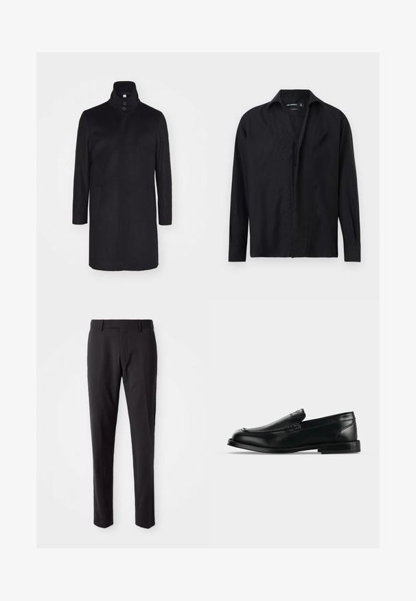 Must must coat kõrge kraega, kahe eesmise taskuga ja kolme nööbiga kinnitusega. Sirge lõige ja sile tekstuur, minimalistlik disain.; Meeste must pika varrukaga triiksärk laia kraega, ees nupud ning nupuääre mõlemal pool peened vertikaalsed voldid.; Mustad mustad püksid sirge esiosa, kitsas lõige, vööaasad ja sile tekstuur. Sobivad ametlikeks või äririietuseks.; Mustast nahast loafer madala kontsaga, ümar nina ja õmmeldud detailidega ülemise serva ääres.