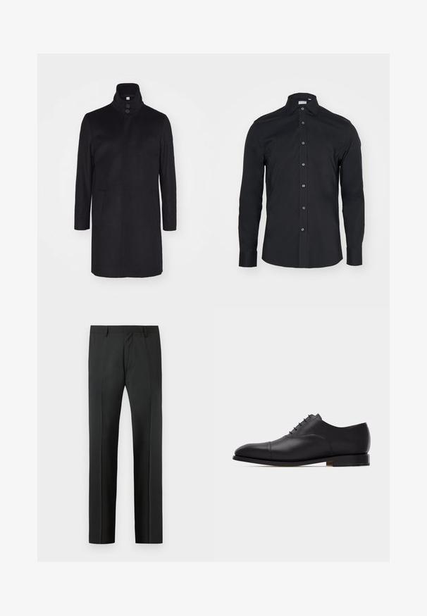 Schwarzer Wollmantel mit hohem Kragen, zwei Fronttaschen und einer Drei-Knopf-Verschluss. Gerader Schnitt und glatte Textur, minimalistisches Design.; Schwarze Langarm-Button-Up-Bluse mit klassischem Kragen. Hergestellt aus glattem Stoff, verfügt über Vorderknöpfe und abgerundete Manschetten.; Schwarze, maßgeschneiderte Anzughose mit Gürtelschlaufen und Bügelfalte, vor einem hellgrauen Hintergrund präsentiert.; Schwarzer Oxford-Herrenschuh aus Leder mit geschlossener Schnürung, Kappenspitze, niedrigem Absatz und glatter, polierter Oberfläche, seitlich auf weißem Hintergrund gesehen.