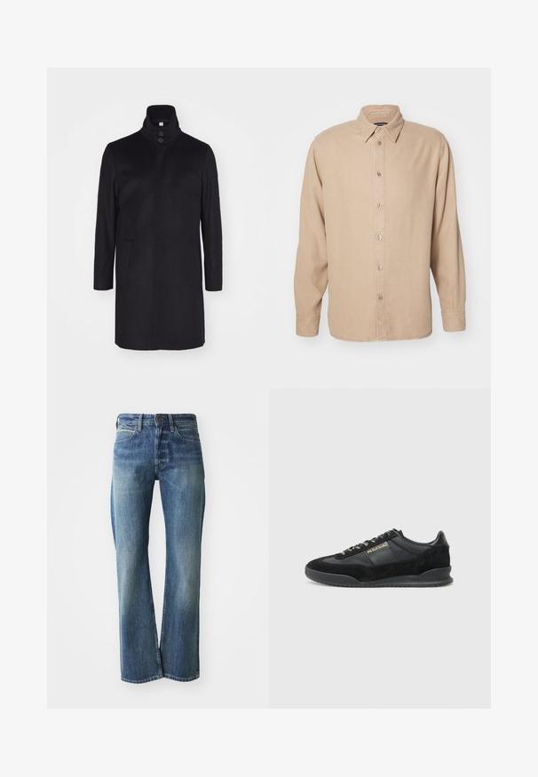 Zwarte wollen jas met een hoge kraag, twee voorklokken en een sluiting met drie knopen. Rechte snit en een gladde textuur, minimalistisch ontwerp.; Beige langarmhemd met een button-down kraag. Gemaakt van zachte stof, met een knoopsluiting aan de voorkant en eenvoudige stikseldetails.; Denim jeans in een licht tot gemiddeld blauwe kleur, met een recht gesneden pijp, klassiek vijf-pocket ontwerp en subtiele vervaging aan de voorkant.; Zwarte sportieve sneakers met een combinatie van glad leder en suede, ronde neus, gestructureerde zijkanten en gouden merkaanduidingen.