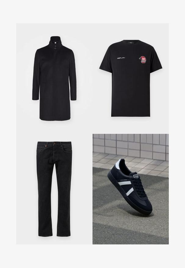 Sort uldfrakke med høj krave, to forlommer og tre-knaps lukning. Lige snit og glat struktur, minimalistisk design.; Replay SHORT SLEEVE GRAPHIC - T-shirts print - black; Sorte denim jeans med et lige ben-design, der har fem lommer, diskret slidmærker og orange syninger som detaljer.; Sort lædersneaker med hvide striber, tekstureret gummisål og snørrebånd foran. Har et brandet mærke på tungen.