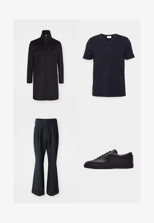 Schwarzer Wollmantel mit hohem Kragen, zwei Fronttaschen und einer Drei-Knopf-Verschluss. Gerader Schnitt und glatte Textur, minimalistisches Design.; Schwarzes V-Ausschnitt-T-Shirt aus Baumwolle, mit kurzen Ärmeln und lockerer Passform. Einfaches Design, keine Muster oder zusätzlichen Akzente.; Schwarze, maßgeschneiderte Hosen mit lockerer Passform, gefaltetem Vorderteil und weitem Bein. Mit einem umgeschlagenen Saum und glattem Stoffgefühl.; Schwarzer flacher Leder-Sneaker mit Schnürung vorne und flacher Gummisohle, seitlich auf einem schlichten weißen Hintergrund gezeigt.