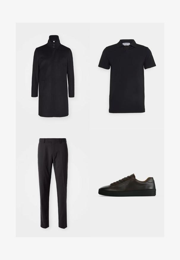 Schwarzer Wollmantel mit hohem Kragen, zwei Fronttaschen und einer Drei-Knopf-Verschluss. Gerader Schnitt und glatte Textur, minimalistisches Design.; Schwarzes kurzärmliges Polohemd mit klassischem Kragen, aus glattem Material. Verfügt über ein Etikett mit dem Markennamen 'Filippa K' am Kragen.; Schwarze, maßgeschneiderte Hose mit flachem Frontdesign, schlanker Passform, Gürtelschlaufen und glatter Textur. Geeignet für formelle oder geschäftliche Anlässe.; Flach geschnittener dunkelbrauner Ledersneaker mit schwarzer Gummisohle, Schnürung vorne und schlicht-minimalistischem Design auf hellem Hintergrund.