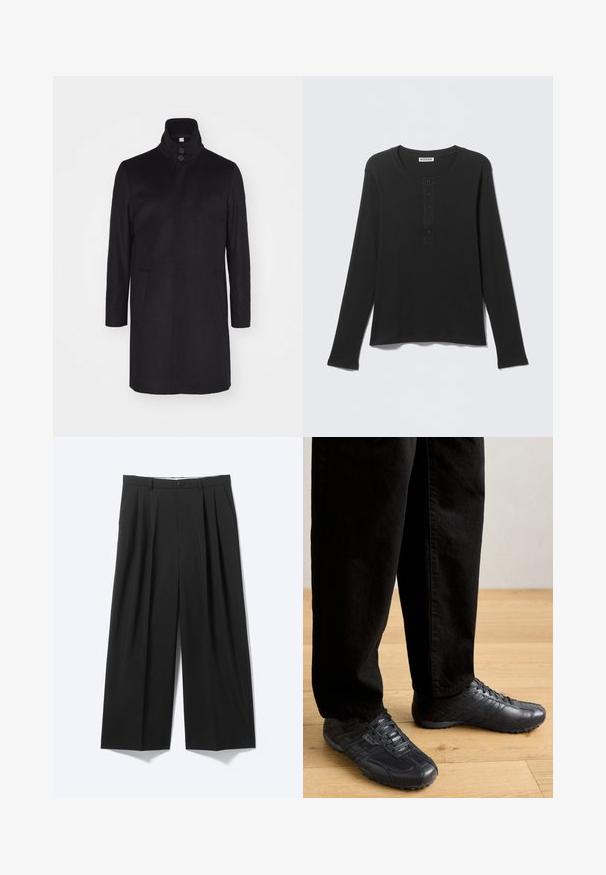 Schwarzer Wollmantel mit hohem Kragen, zwei Fronttaschen und einer Drei-Knopf-Verschluss. Gerader Schnitt und glatte Textur, minimalistisches Design.; Schwarzes langärmliges Henley-Shirt mit fünf Knöpfen auf der Frontleiste, Rundhalsausschnitt und geripptem Strickstoff.; Schwarze Weithose mit vorderen Falten, Gürtelschlaufen und Knopfverschluss auf schlichtem hellem Hintergrund dargestellt.; Schwarze Lederschuhe mit strukturiertem Design, mit niedrigem Profil und Schnürung, kombiniert mit locker sitzenden schwarzen Hosen.