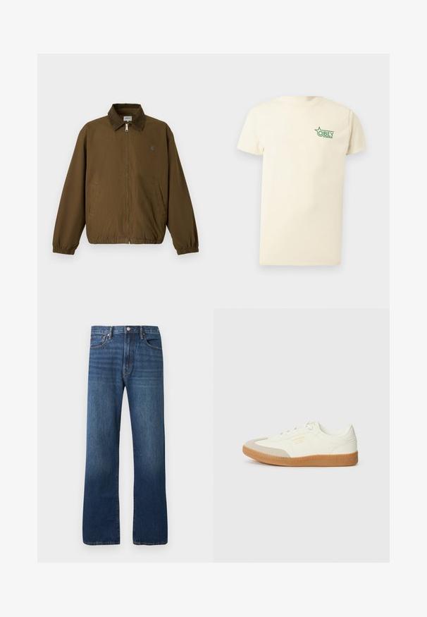 Brown zip-up jacket with elastic cuffs, two side pockets, and a dark collar, displayed against a plain light background.; Cream short-sleeve T-shirt with small green "Obey Studios" logo and star on upper left chest.; Straight-leg blue denim jeans with classic five-pocket design and button closure on a plain light background.; Sneaker made of white leather with a beige toe cap and light brown rubber sole. Features flat white laces and embossed branding on the side.