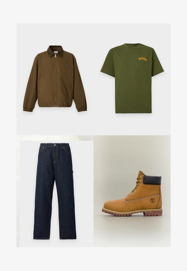 Veste marron zippée avec manches élastiques, deux poches latérales et un col foncé, présentée sur un fond clair uni.; T-shirt en coton vert olive avec un col rond et des manches courtes, comportant une broderie jaune du logo "DICKIES" sur la partie supérieure gauche de la poitrine.; Jean en denim bleu foncé à jambes droites avec poches avant, passants pour ceinture et fermeture par bouton à la taille sur un fond uni.; Bottine en cuir marron avec col noir, lacets jaunes et semelle beige. Présente un logo et des détails de couture blanche. Semelle extérieure à traction robuste.