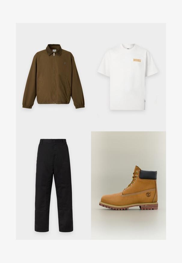 Brown zip-up jacket with elastic cuffs, two side pockets, and a dark collar, displayed against a plain light background.; White short-sleeve crew neck T-shirt with small orange "DICKIES" logo on upper left chest.; Black pants made of sturdy fabric, featuring a relaxed fit, wide leg, front pockets, and reinforced knee detailing.; Brown leather ankle boot with black collar, yellow laces, and tan sole. Features logo and white stitching detail. Rugged traction outsole.