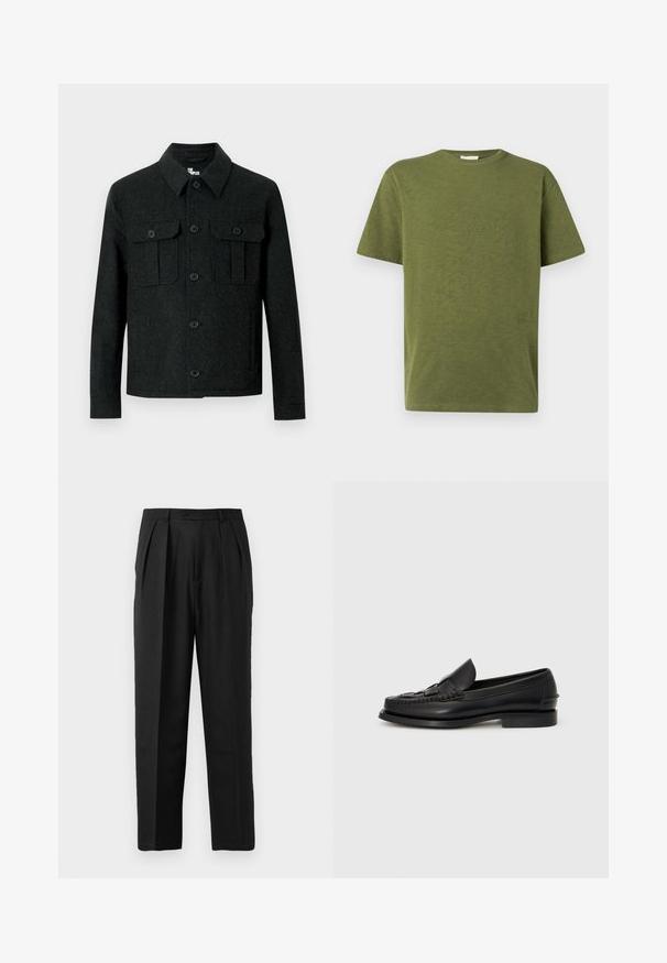 Veste en laine noire à manches longues, col pointu, fermeture boutonnée et deux poches poitrine à rabat avec bouton, sur fond blanc.; T-shirt en coton vert olive avec une coupe décontractée, un col rond et des manches courtes. Présente un détail de texte subtil sur le côté gauche à l'avant.; Pantalons plissés noirs au design sur mesure, confectionnés en tissu lisse, avec une fermeture à bouton et une coupe droite.; Mocassin en cuir noir avec un détail tissé à l'avant, bout arrondi et petit talon. Texture lisse et design minimaliste.