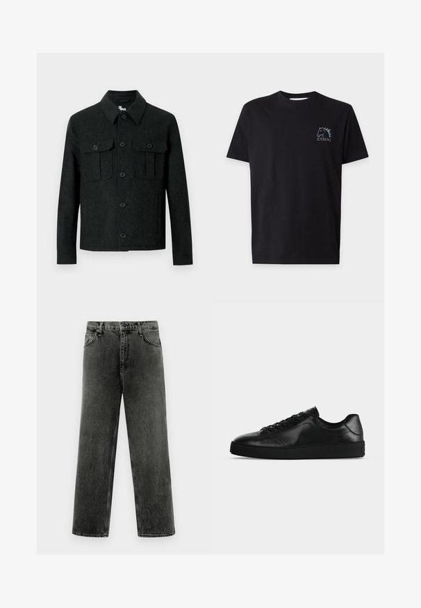 Veste en laine noire à manches longues, col pointu, fermeture boutonnée et deux poches poitrine à rabat avec bouton, sur fond blanc.; T-shirt noir à manches courtes avec une petite tête de cheval brodée et le mot "ICEBERG" sur la partie gauche de la poitrine.; Jean en denim noir délavé à jambes droites, avec poches avant, passants de ceinture et fermeture à bouton sur fond blanc.; Sneaker noir en cuir à profil bas avec lacets sur le devant et semelle plate texturée, montré de profil sur un fond neutre.