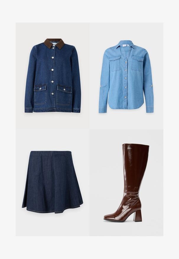 Mørkeblå denimjakke med brunt corduroy-krave, to forlommer med knapflapper og sølvknapper ned ad fronten.; Langærmet lyseblå denimskjorte med krave, knapper foran og to brystlommer med klapper på ensfarvet baggrund.; Mørkeblå denim A-formet nederdel med sideslids og synlige syninger langs kanten og sømmene, vist på en ensfarvet lys baggrund.; Knæhøje brune patentlæderstøvler med firkantet tå, glansfuld finish og en kraftig hæl for stabilitet. Sømløs design uden synligt hardware.