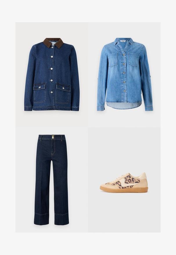 Dunkelblaue Jeansjacke mit braunem Cordkragen, zwei Fronttaschen mit Knopfklappen und silbernen Knöpfen auf der Vorderseite.; Hellblaues Denimhemd mit durchgehendem Knopfverschluss, zwei Brusttaschen und hochgerollten Ärmeln mit Knopfdetail.; Dunkelblaue, hochschneiderische, weit geschnittene Jeans mit doppelten goldenen Knöpfen und sichtbaren orangen Nähten auf hellem Hintergrund.; Löwenmuster-Sneaker mit beige Wildleder-Obermaterial, tanfarbener Gummisohle und weißen Akzenten. Runde Zehenform und Schnürdesign mit strukturiertem Finish.
