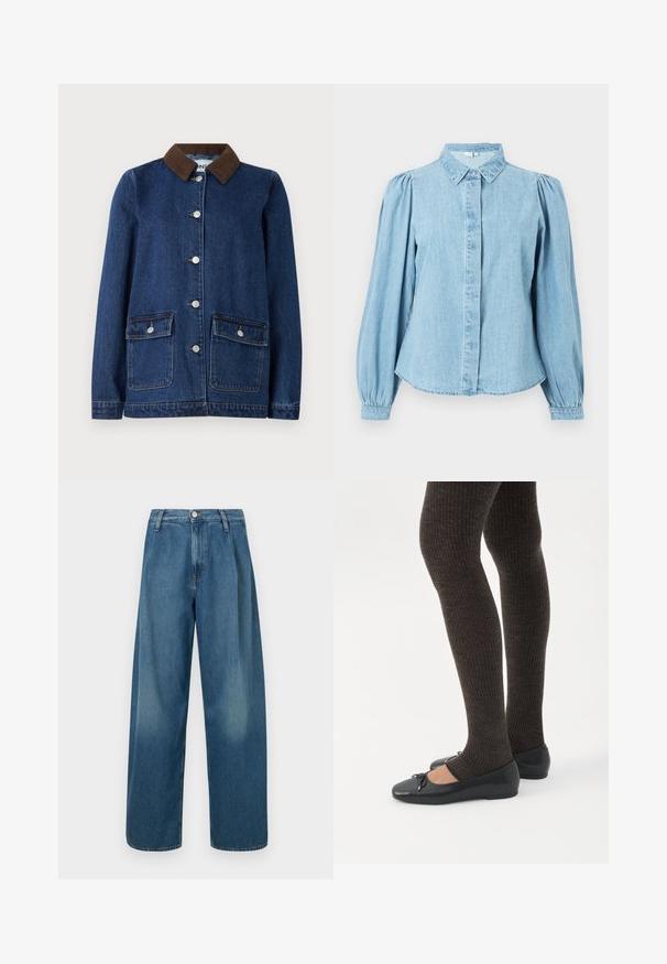 Donkerblauwe spijkerjas met een bruine corduroy kraag, twee voorzakken met knoopflappen en zilveren knopen aan de voorkant.; Lichtblauw denim overhemd met een puntige kraag, knoopsluiting aan de voorkant en lange pofmouwen. Gladde textuur met een afgeronde zoom.; Blauwe wijde jeans van denim, met een hoge taille, knoopsluiting aan de voorkant en subtiele vervagingen in de stof.; Benen met donkere geribbelde leggings gecombineerd met zwarte ballerina's met kleine strikdetails op een witte achtergrond.