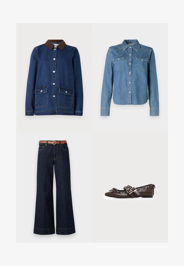 Mørkeblå denimjakke med brunt corduroy-krave, to forlommer med knapflapper og sølvknapper ned ad fronten.; Denimskjorte med en lys blå nuance, klassisk krave og to brystlommer. Den har trykknapper og lange ærmer med knapmanchetter.; Mørkeblå denim wide-leg jeans med høj talje, brun bælte og synlige syningsdetaljer. Har forlommer og en afslappet pasform.; Mørkebrune lædersko med flad sål og spids snude, dobbelt sølvsnørrebånd, metaløjer og dekorativ sløjfe foran.