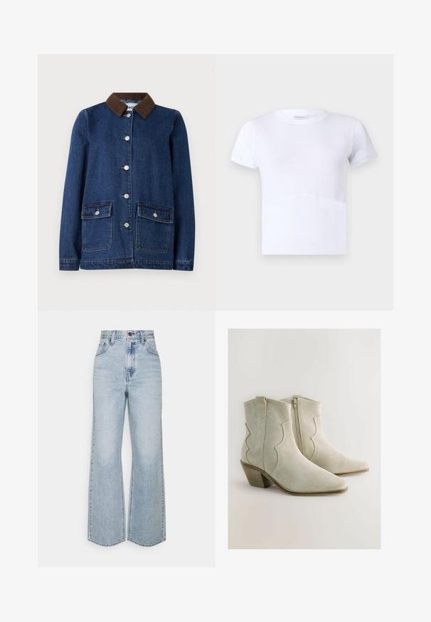 Mørkeblå denimjakke med brunt corduroy-krave, to forlommer med knapflapper og sølvknapper ned ad fronten.; Hvid t-shirt med korte ærmer i bomuld, rund halsudskæring, glat tekstur, med en subtil buet sømdetalje foran.; Lysblå denim brede ben jeans med høj talje, klassisk fem-lomme design og kontrasterende syninger. Uslebne kanter i bunden.; Lysegrå ruskind ankle støvler med zigzag-design, spids tå og stablet hæl. Side lynlås for nem adgang.