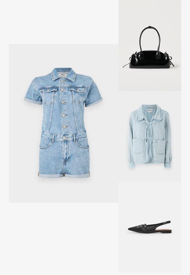 Lichtblauwe denimjack met een gestructureerd, diamanten patroon. Heeft een geraffineerde kraag, een sluiting met strik aan de voorkant en twee voorzakken.; Lichtblauwe denim jumpsuit met korte mouwen, knoopsluiting aan de voorkant, twee borstzakken en opgerolde zomen. Klassieke jeansstructuur.; Zwarte leren slingback ballerina met spitse neus, voorzien van twee horizontale bandjes en vierkante zilveren gespen, lage hak en een gladde textuur.; Kleine zwarte glanzende handtas met twee lange hengsels en zijkant trekkoord details op een effen lichte achtergrond.