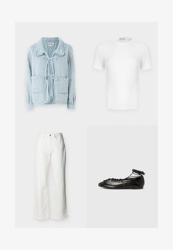 Lichtblauwe denimjack met een gestructureerd, diamanten patroon. Heeft een geraffineerde kraag, een sluiting met strik aan de voorkant en twee voorzakken.; Witte korte mouwen geribde T-shirt met een ronde hals, een aangesloten pasvorm en een klein merklabel aan de binnenkant van de kraag.; Witte high-waist jeans met knoop- en ritssluiting, voorspeten en licht uitlopende pijpen, weergegeven op een effen achtergrond.; Zwarte ballerina's van lakleer met een afgeronde neus, veterdesign en een platte zool. Glad oppervlak met minimale details.