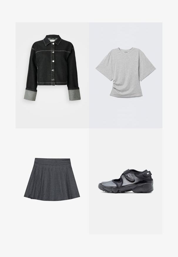 Sort denimjakke med krave, frontlukning med knapper og grå manchetter. Har kontrasterende hvid syning og et cropped design.; Grå T-shirt med korte ærmer i blødt stof, med afslappet pasform, rund halsudskæring og en twistdetalje ved taljen.; Grå stribede skater nederdel med en tætsiddende talje, udformet i A-linje og en blød stofstruktur. Lodrette linjer øger den visuelle interesse.; Sort Nike Air sko med blank finish, justerbare Velcro-stropper og udskæringsdesign på siderne, set fra siden på en ensfarvet baggrund.