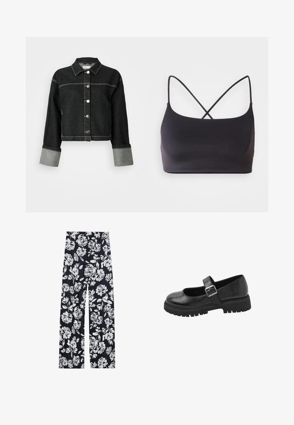 Sort denimjakke med krave, frontlukning med knapper og grå manchetter. Har kontrasterende hvid syning og et cropped design.; Sort bralette med en glat overflade, der har tynde stropper, som krydser hinanden på ryggen for et minimalistisk design.; Blomstrede bukser i navy stof med et hvidt blomstermønster, der har brede ben og en afslappet pasform. Glat tekstur, ingen synlige metaldele.; Sort læder Mary Jane-sko med tyk rillesål og sølvspænde over vristen, sidevisning på hvid baggrund.
