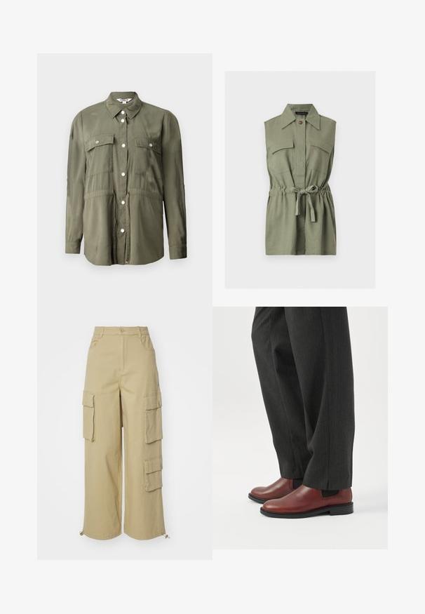 Camisa verde oliva hecha de una tela suave, con un frente abotonado, dos bolsillos en el pecho con solapas y mangas largas.; Vestido camisero sin mangas en verde oliva con cuello puntiagudo, dos bolsillos de solapa en el pecho, cierre de botones y cinturón ajustable en la cintura.; Pantalones cargo beige con piernas anchas, dos bolsillos laterales grandes, bolsillos frontales y un detalle de cordón en el dobladillo. Tejido de mezcla de algodón.; Persona que lleva pantalones rectos de color gris oscuro y zapatos de vestir de cuero marrón sin cordones, de pie sobre un suelo blanco.
