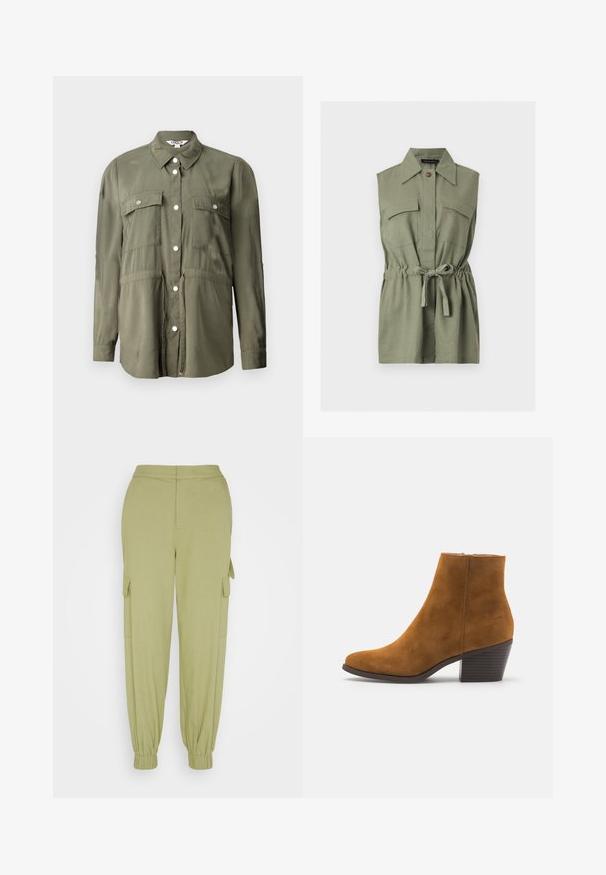 Camisa verde oliva hecha de una tela suave, con un frente abotonado, dos bolsillos en el pecho con solapas y mangas largas.; Vestido camisero sin mangas en verde oliva con cuello puntiagudo, dos bolsillos de solapa en el pecho, cierre de botones y cinturón ajustable en la cintura.; Selected SLFCILLE PANT - Pantalones cargo - basil; Botín de ante marrón hasta el tobillo con punta afilada y tacón apilado. Textura suave con un cierre de cremallera lateral. Diseño y forma clásicos.