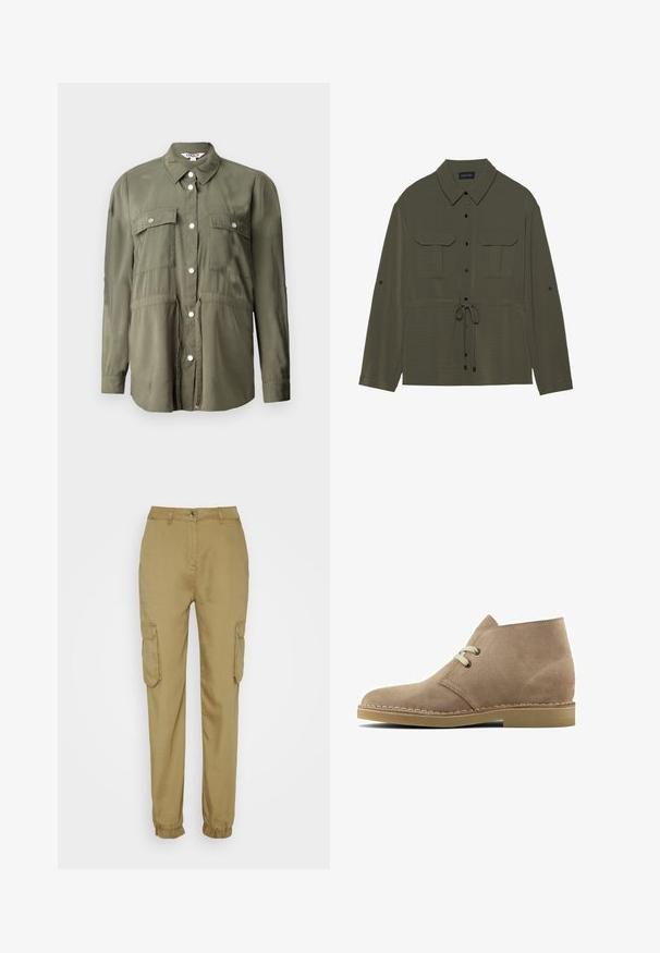 Camisa verde oliva hecha de una tela suave, con un frente abotonado, dos bolsillos en el pecho con solapas y mangas largas.; Chaqueta de camisa verde oliva con frente de botones, dos bolsillos en el pecho y cintura con cordón. Presenta un cuello clásico y mangas largas.; ONLY ONLKENYA LIFE PANT - Pantalones cargo - aloe; Clarks Botines con cordones - sand