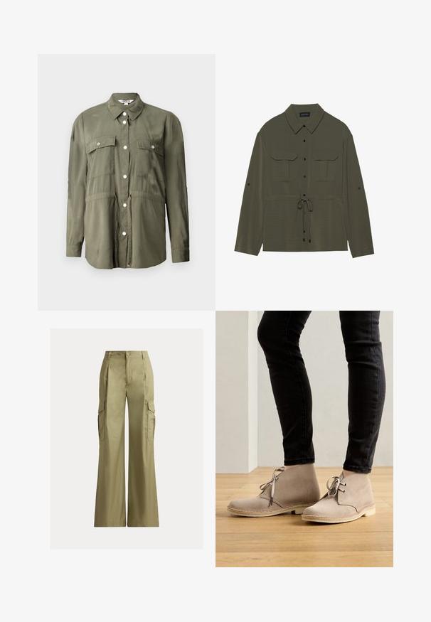 Camisa verde oliva hecha de una tela suave, con un frente abotonado, dos bolsillos en el pecho con solapas y mangas largas.; Chaqueta de camisa verde oliva con frente de botones, dos bolsillos en el pecho y cintura con cordón. Presenta un cuello clásico y mangas largas.; Pantalones cargo de pierna ancha color caqui con tiro alto, cierre de botón y cremallera, y bolsillos con solapa a cada lado.; Botas de ante beige hasta el tobillo con punta redondeada, diseño de cordones y costuras en contraste, llevadas con pantalones negros ajustados sobre un suelo de madera.