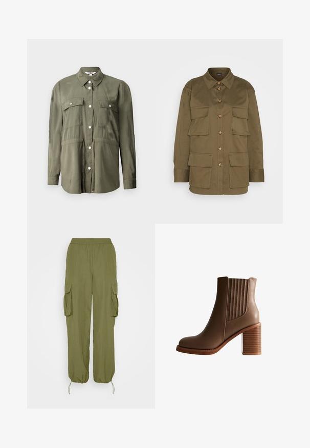 Olivengrøn skjorte lavet af et blødt stof, med knaplukning fortil, to brystlommer med klapper og lange ærmer.; Gina Tricot CARGO SHIRT - Skjortebluser - khaki green; Olivengrønne cargo-bukser med elastisk talje, to side cargo-lommer og snoretræk ved bæren. Lavet af let, tekstureret stof.; Brun læder ankelstøvle med stablet blokhæl og elastiske sidepaneler for nem påtagning, vist i profilvisning på hvid baggrund.