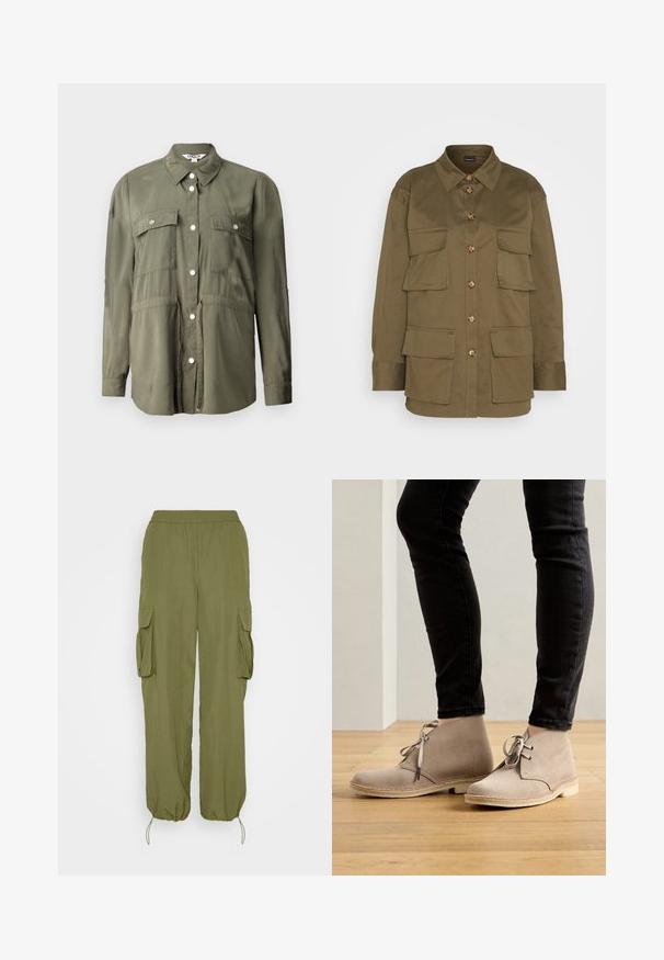 Olivengrøn skjorte lavet af et blødt stof, med knaplukning fortil, to brystlommer med klapper og lange ærmer.; Gina Tricot CARGO SHIRT - Skjortebluser - khaki green; Olivengrønne cargo-bukser med elastisk talje, to side cargo-lommer og snoretræk ved bæren. Lavet af let, tekstureret stof.; Beige ruskind ankelstøvler med en rund tå, snørebåndsdesign og kontrasterende syninger, båret med sorte tætsiddende bukser på et trægulv.