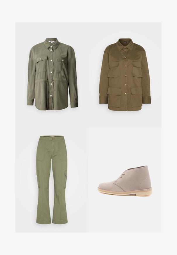 Camisa verde oliva hecha de una tela suave, con un frente abotonado, dos bolsillos en el pecho con solapas y mangas largas.; Gina Tricot CARGO SHIRT - Blusa - khaki green; Abercrombie & Fitch RELAXED WAIST PANT - Pantalones cargo - dusty olive; Bota desértica de ante beige claro con dos ojales y suela de crepé, vista lateral sobre fondo blanco liso.