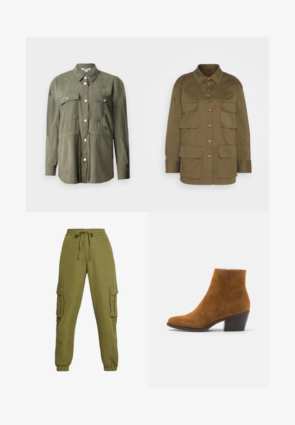 Camisa verde oliva hecha de una tela suave, con un frente abotonado, dos bolsillos en el pecho con solapas y mangas largas.; Gina Tricot CARGO SHIRT - Blusa - khaki green; Pantalones cargo verde oliva con cintura elástica, cordón y puños en los tobillos. Presenta bolsillos laterales y un corte relajado y entallado.; Botín de ante marrón hasta el tobillo con punta afilada y tacón apilado. Textura suave con un cierre de cremallera lateral. Diseño y forma clásicos.