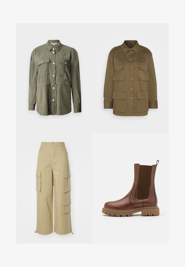 Camisa verde oliva hecha de una tela suave, con un frente abotonado, dos bolsillos en el pecho con solapas y mangas largas.; Gina Tricot CARGO SHIRT - Blusa - khaki green; Pantalones cargo beige con piernas anchas, dos bolsillos laterales grandes, bolsillos frontales y un detalle de cordón en el dobladillo. Tejido de mezcla de algodón.; Botín de cuero marrón con paneles elásticos y una lengüeta. Presenta una suela de goma gruesa y detalles de costura visibles a lo largo de los bordes.