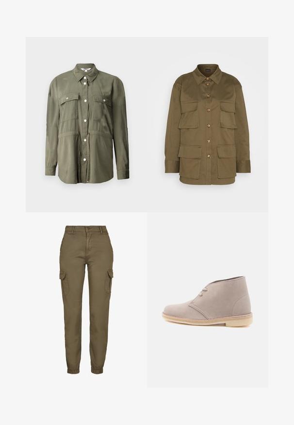 Olivengrøn skjorte lavet af et blødt stof, med knaplukning fortil, to brystlommer med klapper og lange ærmer.; Gina Tricot CARGO SHIRT - Skjortebluser - khaki green; Cargo bukser i olivengrøn, lavet af glat stof, med sidelommer, knaplukning og elastiske manchetter ved anklerne.; Lyse beige ørkenstøvle i ruskind med to snørehuller og crepesål, vist i profil mod en ensfarvet hvid baggrund.