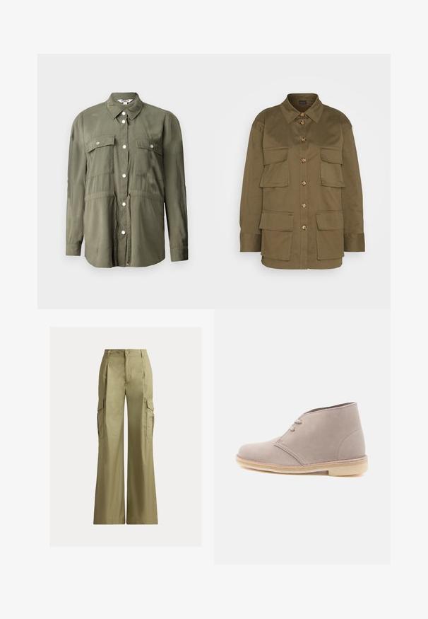 Camisa verde oliva hecha de una tela suave, con un frente abotonado, dos bolsillos en el pecho con solapas y mangas largas.; Gina Tricot CARGO SHIRT - Blusa - khaki green; Pantalones cargo de pierna ancha color caqui con tiro alto, cierre de botón y cremallera, y bolsillos con solapa a cada lado.; Bota desértica de ante beige claro con dos ojales y suela de crepé, vista lateral sobre fondo blanco liso.