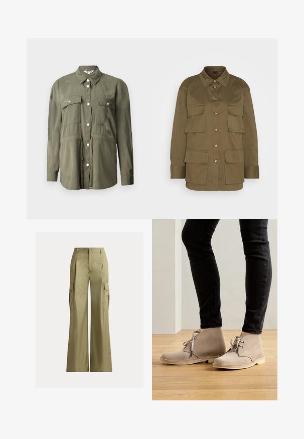 Olivengrøn skjorte lavet af et blødt stof, med knaplukning fortil, to brystlommer med klapper og lange ærmer.; Gina Tricot CARGO SHIRT - Skjortebluser - khaki green; Khaki vidde cargobukser med høj talje, knap- og lynlås lukning, og klaplommer på hver side.; Beige ruskind ankelstøvler med en rund tå, snørebåndsdesign og kontrasterende syninger, båret med sorte tætsiddende bukser på et trægulv.