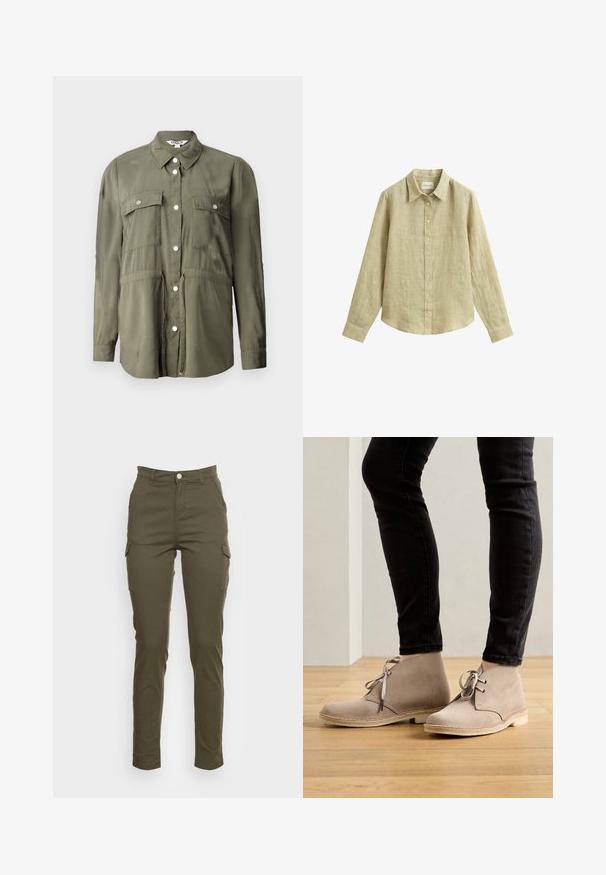 Camisa verde oliva hecha de una tela suave, con un frente abotonado, dos bolsillos en el pecho con solapas y mangas largas.; Camisa beige de lino de manga larga con cuello y botones frontales, colocada plana sobre un fondo blanco.; Pantalones cargo de color verde oliva con un diseño ajustado, que presentan dos bolsillos laterales, trabillas para cinturón y un cierre con botón en la parte frontal. Material de algodón suave.; Botas de ante beige hasta el tobillo con punta redondeada, diseño de cordones y costuras en contraste, llevadas con pantalones negros ajustados sobre un suelo de madera.