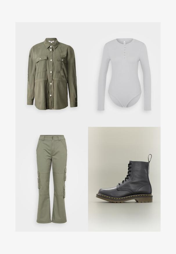Olivengrøn skjorte lavet af et blødt stof, med knaplukning fortil, to brystlommer med klapper og lange ærmer.; ONLY ONLCARI BODY - Langærmet T-shirt - ultimate grey; Olivenfarvede cargo bukser med vide ben, to sidelommer og en tætsiddende talje med dobbelt knaplukning. Fremstillet af slidstærkt stof.; Sort læderkampstøvle med 8 snørehuller, gummisål, gul syning og en træksløjfe bagpå. Har en struktureret overdel.