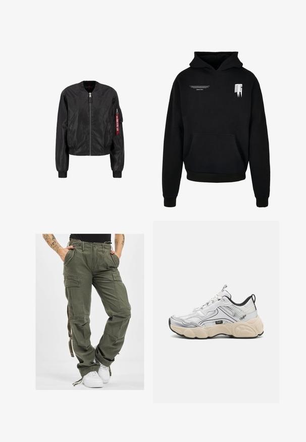 Chaqueta bomber negra con cierre de cremallera frontal, cuello y puños acanalados, bolsillos laterales y un bolsillo de utilidad en la manga con un detalle de etiqueta roja.; Sudadera negra con capucha con bolsillo delantero, texto pequeño en blanco en la parte superior izquierda del pecho y logotipo estilizado "MG" en la parte superior derecha del pecho.; Pantalones cargo de color verde oliva con múltiples bolsillos, cintura con cordón y un corte relajado. La tela tiene una textura suave y una apariencia resistente y duradera.; Zapato deportivo blanco con paneles de malla y sintéticos, acentos plateados, suela gruesa en color crema y detalles en negro en contraste. Cuenta con un sistema de cordones.