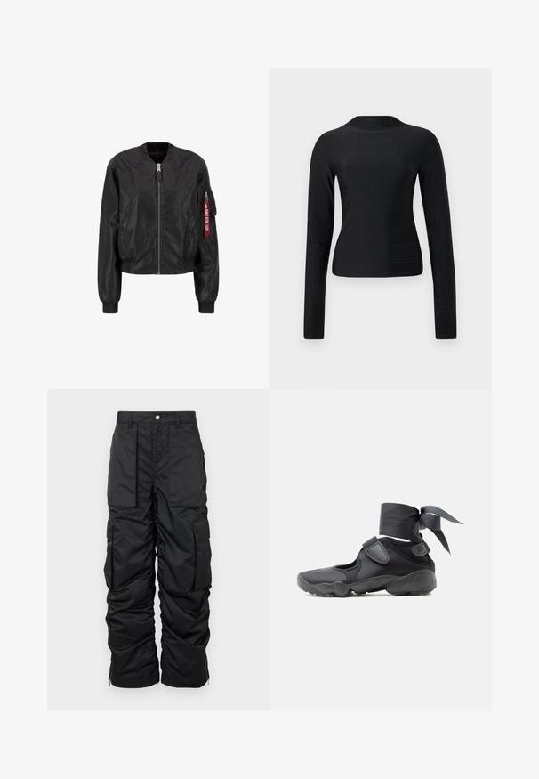 Chaqueta bomber negra con cierre de cremallera frontal, cuello y puños acanalados, bolsillos laterales y un bolsillo de utilidad en la manga con un detalle de etiqueta roja.; Top negro de manga larga hecho de tejido suave, con un patrón perforado en toda su superficie y un sencillo escote redondo.; Pantalones cargo negros aislados con una textura suave, que cuentan con múltiples bolsillos, un dobladillo con cremallera y un cierre de botón en la cintura.; Zapatilla deportiva negra con aberturas, correas de velcro y envoltura en el tobillo atada en un lazo, vista lateral sobre un fondo blanco.