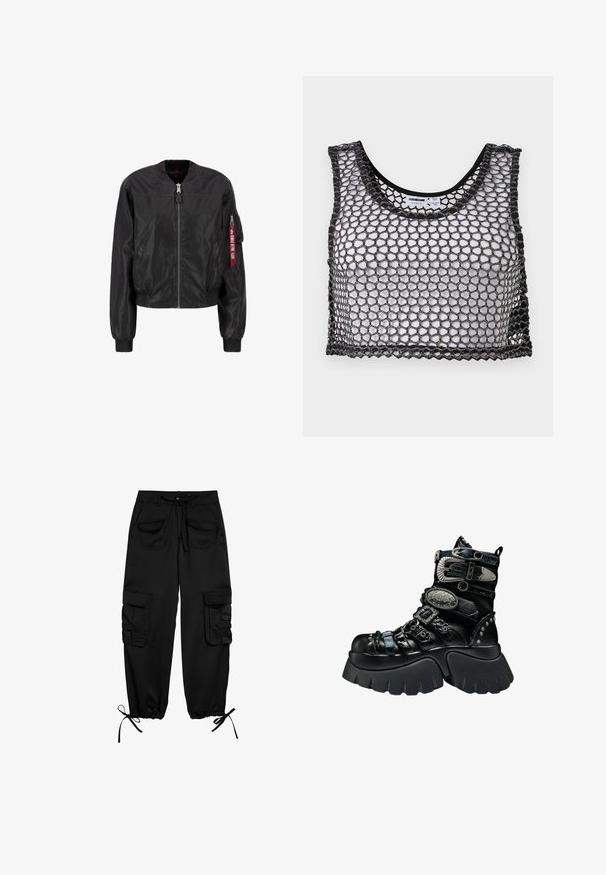 Chaqueta bomber negra con cierre de cremallera frontal, cuello y puños acanalados, bolsillos laterales y un bolsillo de utilidad en la manga con un detalle de etiqueta roja.; Top corto negro sin mangas con amplia malla de red y bordes en forma de ondas, colocado plano mostrando el frente y los detalles de la etiqueta interior.; Pantalones cargo negros de tela suave, con cintura elástica y cordón, dos bolsillos frontales y dos bolsillos laterales con solapas de botón. Puños ajustables.; Bota negra de plataforma con suela gruesa, múltiples correas texturizadas, hebillas plateadas, detalles decorativos metálicos y detalles con tachuelas.