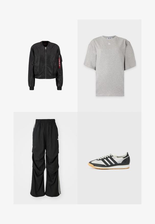 Chaqueta bomber negra con cierre de cremallera frontal, cuello y puños acanalados, bolsillos laterales y un bolsillo de utilidad en la manga con un detalle de etiqueta roja.; Camiseta Adidas de manga corta color gris claro con cuello redondo y pequeño logo blanco de Adidas en el pecho, mostrada sobre un fondo liso.; Pantalones negros holgados con cintura elástica, cordón y rayas laterales blancas; fabricados en un tejido ligero con una textura suave.; Zapatilla deportiva en blanco y negro con parte superior de malla, tres franjas negras, tejido texturizado y suela de goma color caramelo.