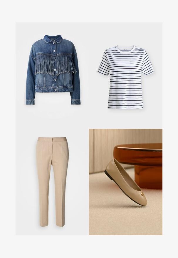 Denim jack in medium blauw met franjes op de borst. Voorzien van een kraag, frontknopen en een klassieke snit.; Witte T-shirt met korte mouwen en een ronde hals met gelijkmatig verdeelde horizontale zwarte strepen over de voorkant en mouwen.; Beige op maat gemaakte broeken met een gestructureerde stof, slanke pasvorm, middelhoge taille en rechte pijpen. Knopen- en ritssluiting aan de voorkant.; Beige leren ballerina met zwarte zool en gouden embleem op de teen, geplaatst op een crèmekleurig tapijt naast afgerond amberkleurig meubilair.