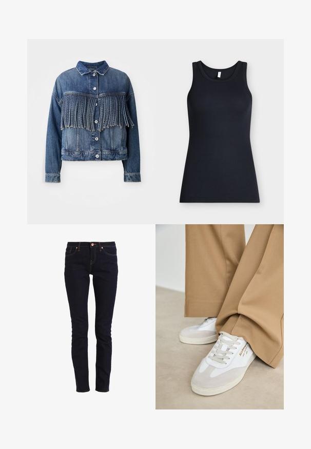 Denim jack in medium blauw met franjes op de borst. Voorzien van een kraag, frontknopen en een klassieke snit.; Zwarte mouwloze geribbelde tanktop met ronde hals, plat gelegd tegen een lichte achtergrond.; Donkerblauwe denim jeans met een slim fit, vijf-pocket ontwerp, oranje stiksels en een sluiting met een knoop aan de voorkant.; Witte sneakers met suède accenten, gestructureerde veters en een rubberen zool. Gecombineerd met losse beige broek. Logo zichtbaar aan de zijkant.