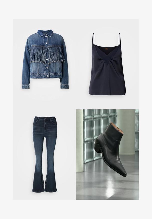 Denim jack in medium blauw met franjes op de borst. Voorzien van een kraag, frontknopen en een klassieke snit.; Marineblauwe zijden camisole met dunne bandjes, V-hals en geplooide details bij de buste; een soepele textuur en een relaxte pasvorm.; Donkerblauwe denim flare jeans met hoge taille, knoopsluiting, voorzakken en subtiele vervaging op de dijen en knieën.; Zwarte leren enkellaars met een spitse neus en blokhak die zweeft boven een reflecterende grijze vloer nabij een glazen blokmuur.