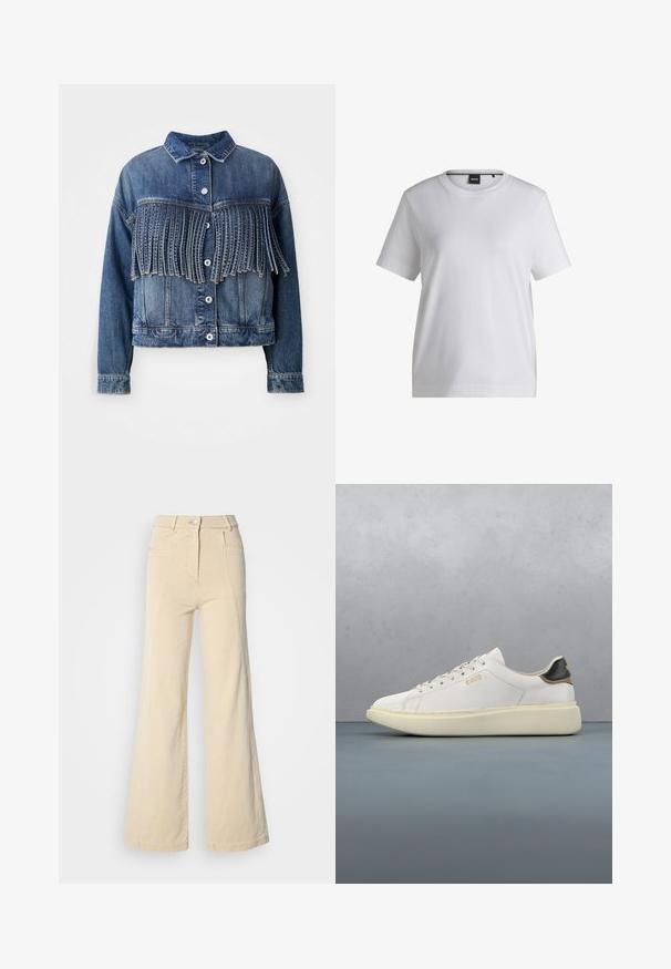 Denim jack in medium blauw met franjes op de borst. Voorzien van een kraag, frontknopen en een klassieke snit.; Witte katoenen t-shirt met een ronde halslijn, korte mouwen en een ontspannen pasvorm. Heeft een klein merketiket nabij de kraag.; Beige wijde jeans met hoge taille, voorzakken en contrasterende stiksels, met een knoopsluiting en een zachte katoenen textuur.; Witte sneaker met een glad leren bovenwerk, voorzien van een tan en zwart leren hieltab, ronde veters en een chunky beige rubberen zool. Gouden logo detail.
