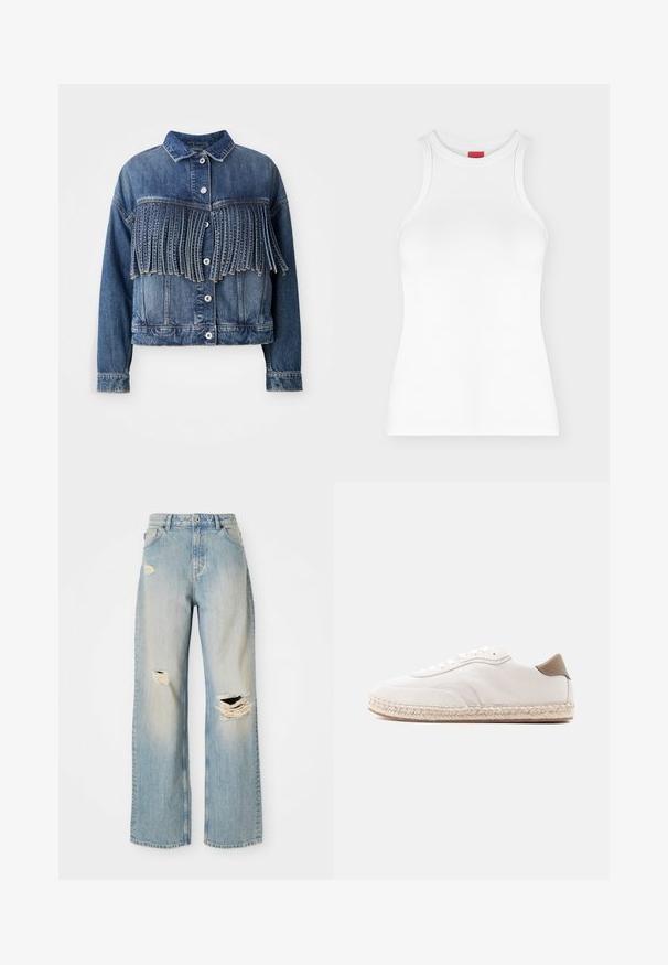 Denim jack in medium blauw met franjes op de borst. Voorzien van een kraag, frontknopen en een klassieke snit.; Wit mouwloos geribd tanktopje met hoge ronde hals en aansluitende pasvorm, weergegeven op een effen lichte achtergrond.; Lichtblauwe rechte spijkerbroek met hoge taille, riemlussen en versleten scheuren op de linker bovenbeen, rechterknie en onder linkerpijp.; Witte sneaker met een bovenwerk van suède, beige accenten en een gevlochten juten zool. Voorzien van platte veters en een gebrandmerkt zijlogo.