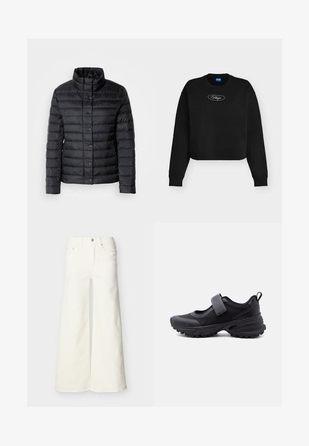 Veste col montant noire en duvet avec des fermetures à boutons et un motif matelassé horizontal. Le matériau semble léger et résistant à l'eau.; Sweat-shirt court noir avec manches longues, poignets côtelés et logo blanc "Hugo" dans un ovale sur la poitrine.; Jean blanc en denim à jambes larges avec cinq poches et une fermeture par bouton, présenté à plat sur un fond clair.; Chaussure de sport noire avec semelle robuste, sangle réglable sur le dessus et languette à l'arrière, présentée de profil sur un fond blanc.