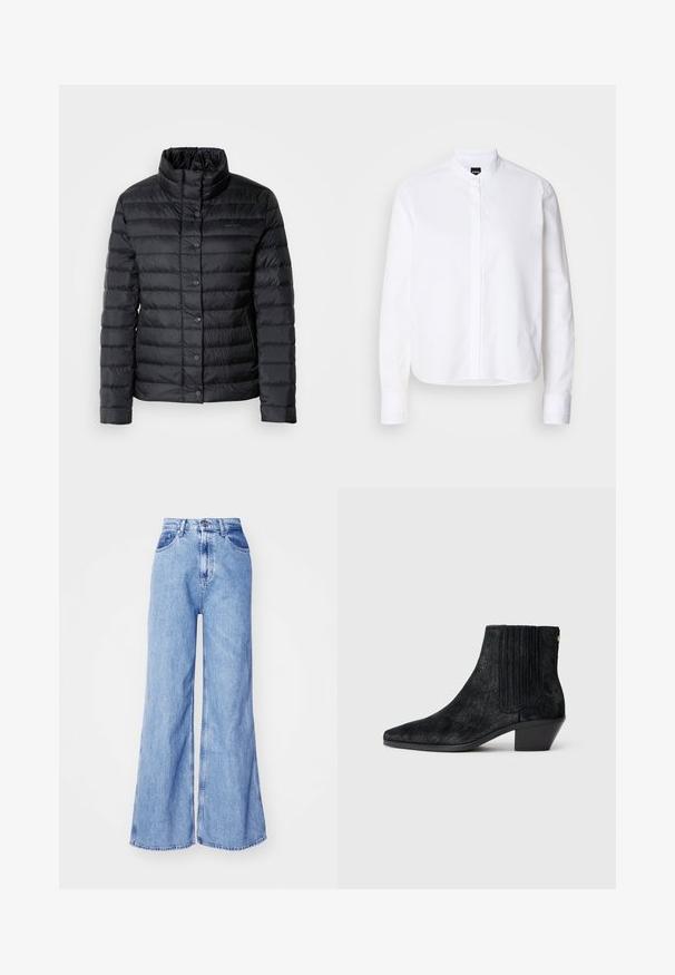 Veste col montant noire en duvet avec des fermetures à boutons et un motif matelassé horizontal. Le matériau semble léger et résistant à l'eau.; Chemise blanche à col avec patte de boutonnage à l'avant, manches longues et poignets à boutons. Fabriquée en coton lisse avec une coupe structurée.; Jeans en denim bleu clair à jambes larges avec une taille haute, des poches avant et des coutures surpiquées. Le tissu a une légère texture typique du denim.; Bottine noire à bout pointu, en matériau texturé imitant les cheveux, avec un panneau latéral à nervures et un petit talon carré. Un design simple et moderne.